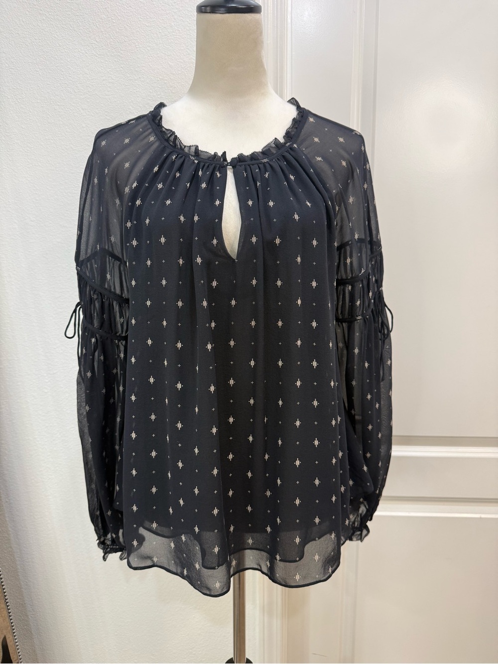 Joie Silk Black Sheer Blouse with Metallic Dot Detail